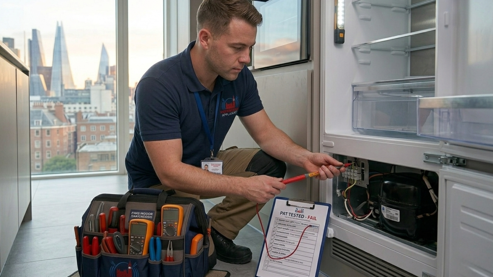Technician inspecting fridge
