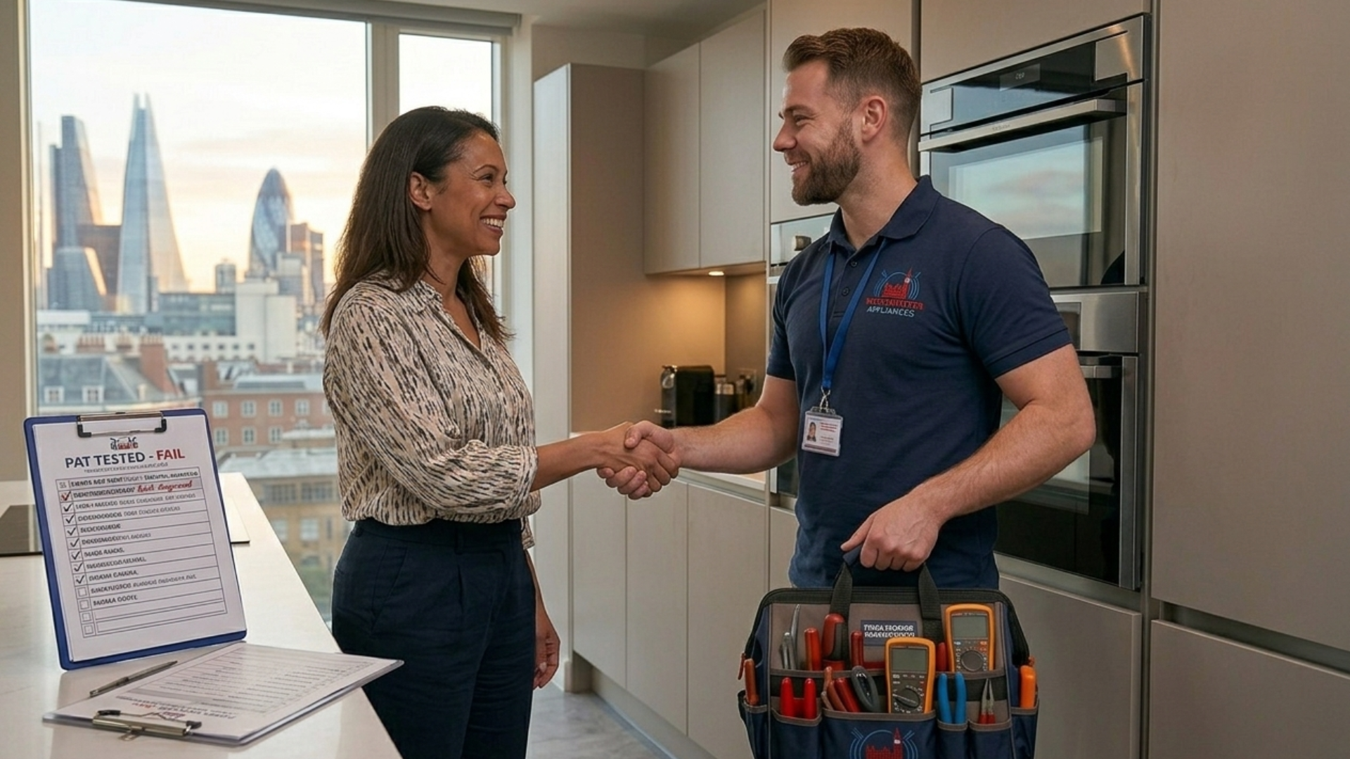 Happy customer and technician handshake