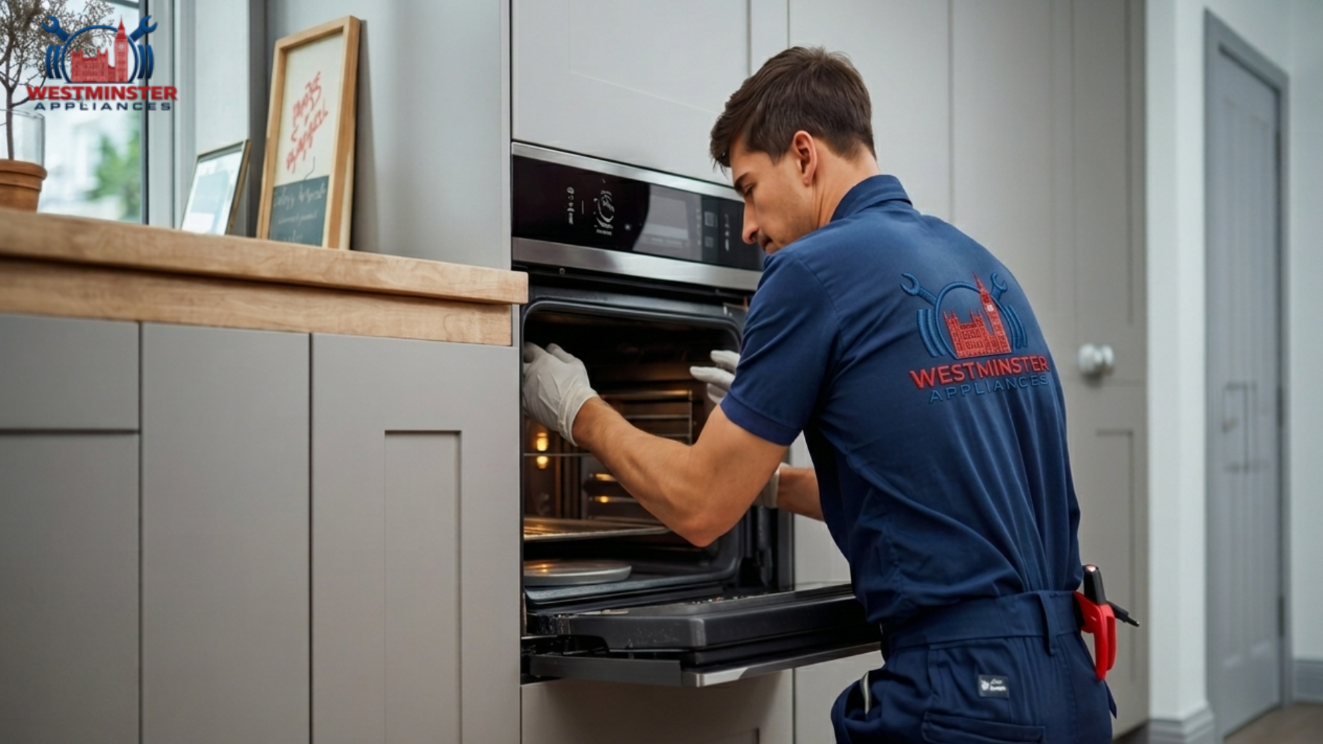 Technician installing built-in appliance