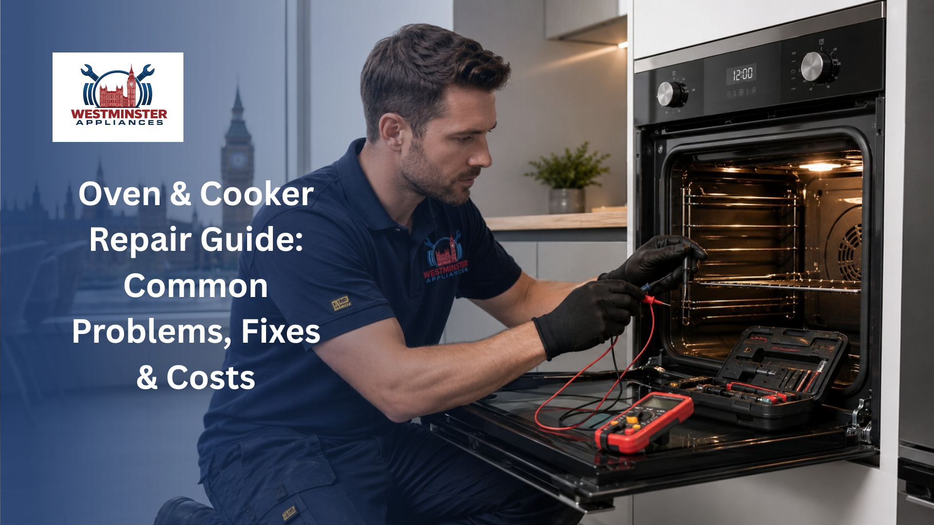 Professional appliance repair engineer repairing a modern built-in oven in a London kitchen