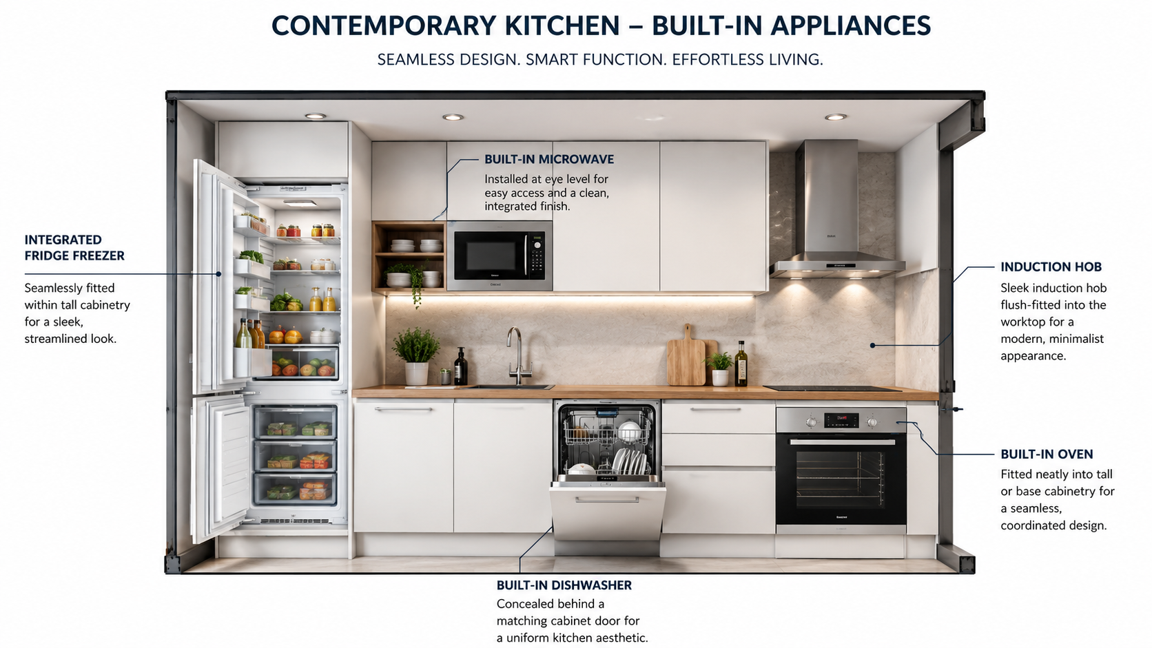 Labeled kitchen showing built-in oven, fridge freezer, dishwasher, microwave