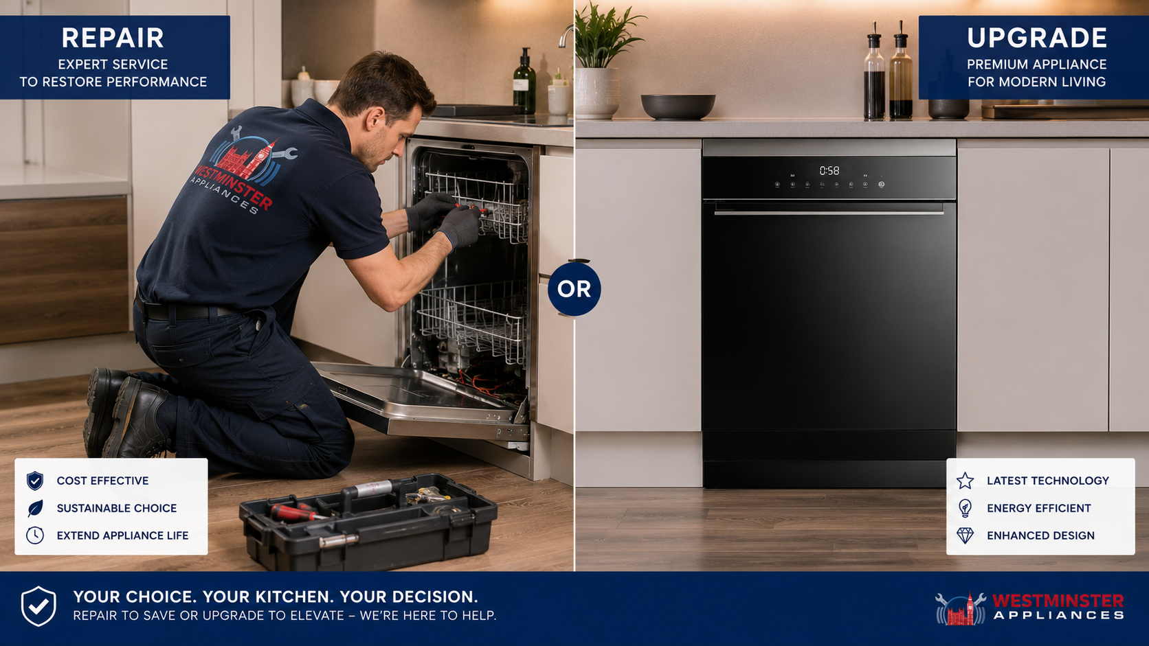 Split image: repair technician vs brand-new built-in appliance