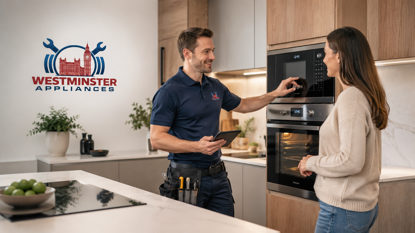 Professional appliance engineer helping a customer in a luxury kitchen