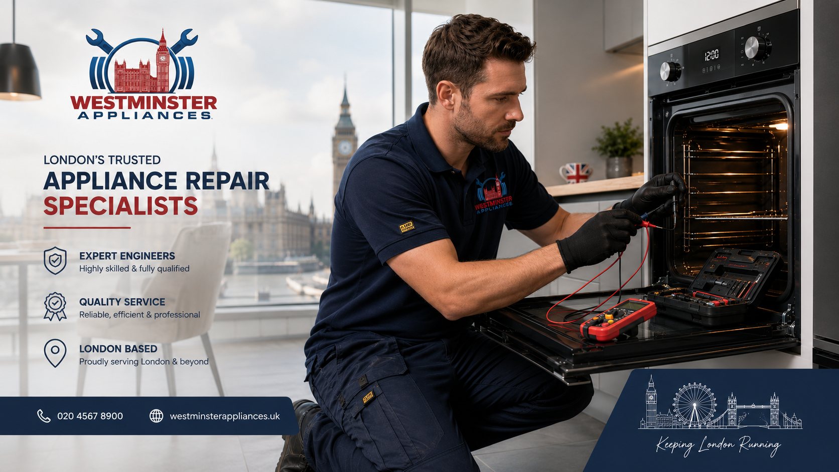 Professional appliance repair engineer repairing a modern built-in oven in a London kitchen