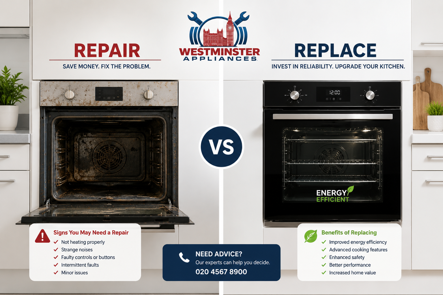 Split image showing old broken oven on left and brand new modern energy-efficient oven on right