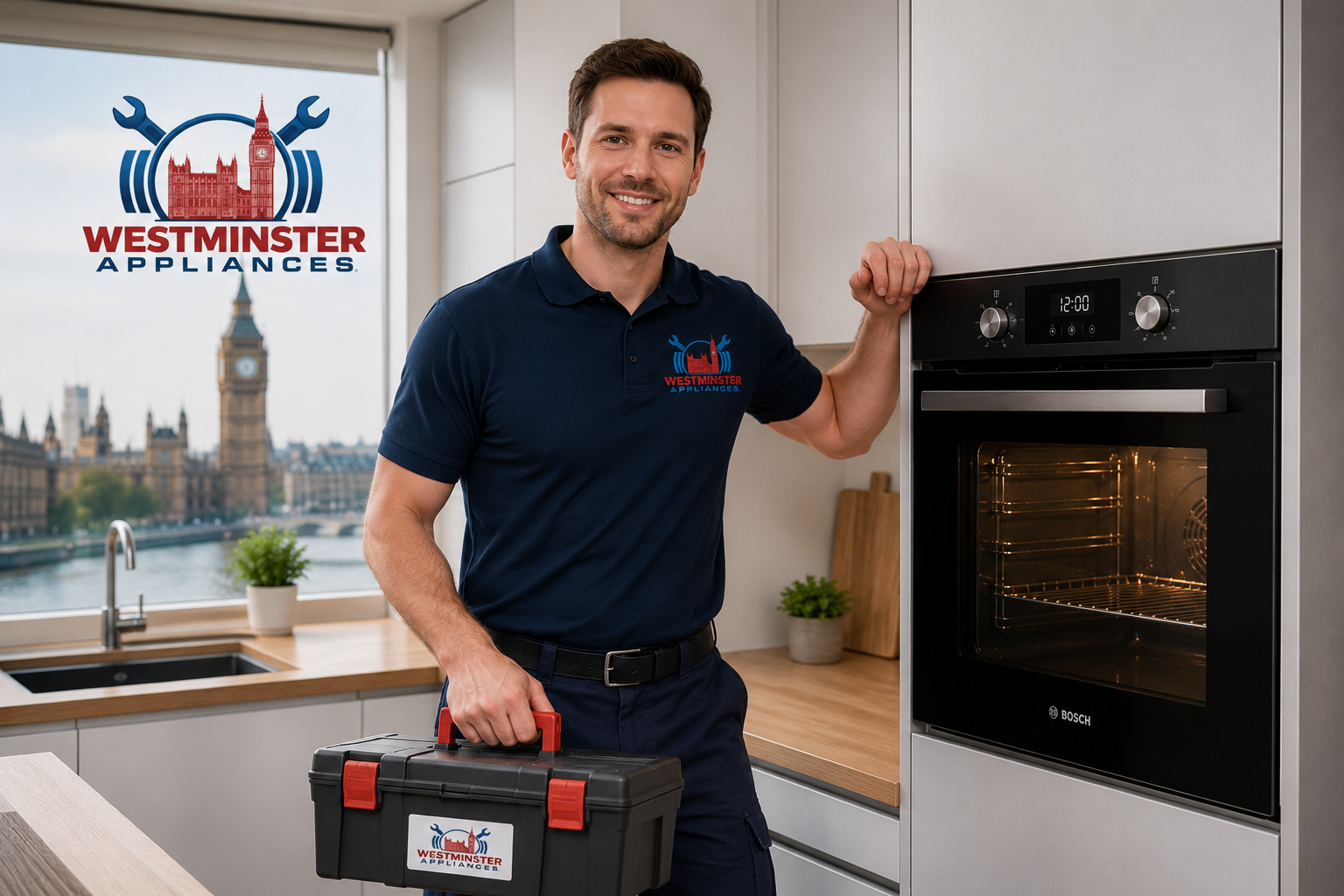 Professional appliance repair technician holding toolbox beside built-in oven, friendly expert engineer