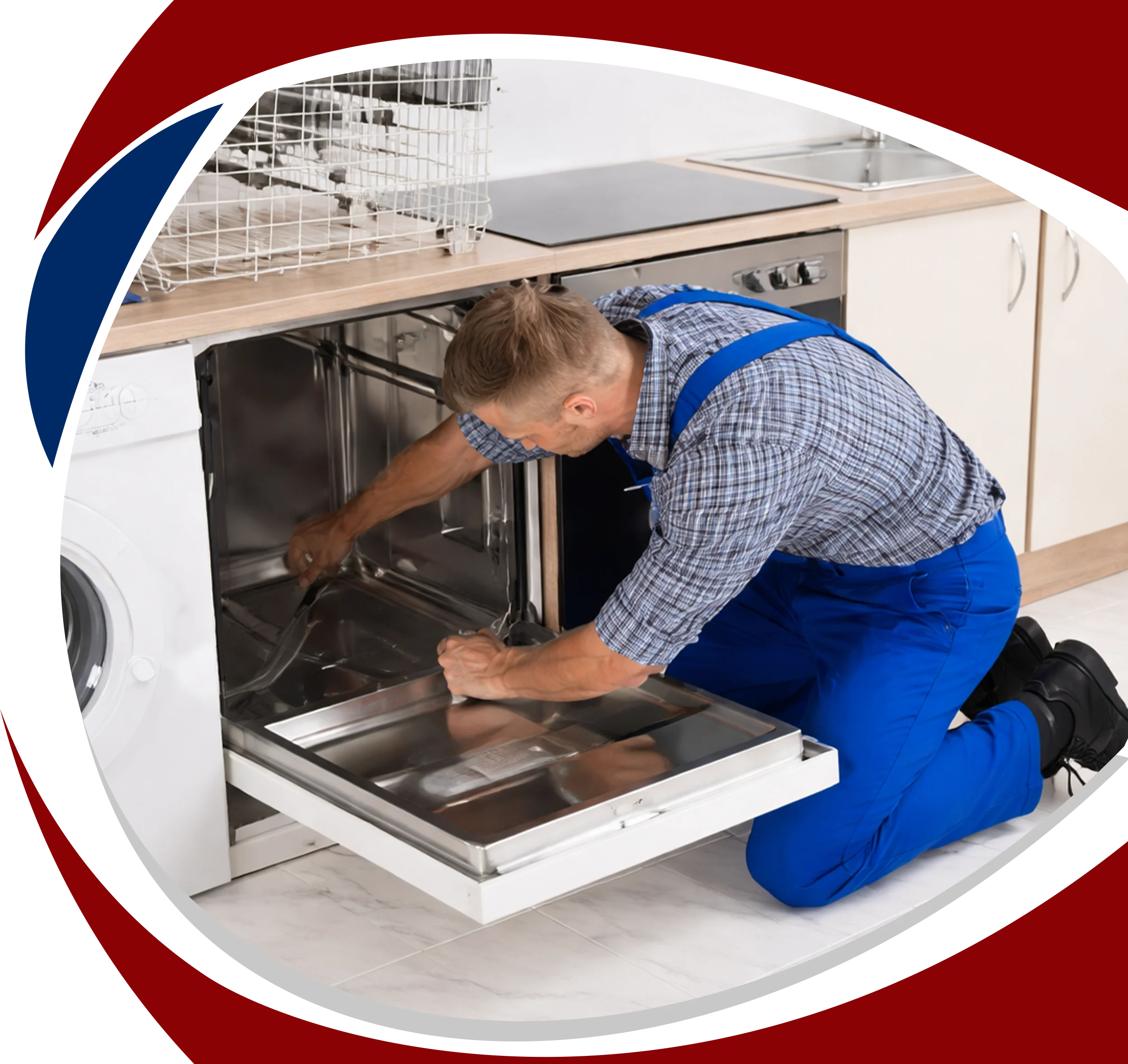 Appliance Repair Supply & Installation. Westminster Appliances engineer repairing built-in dishwasher