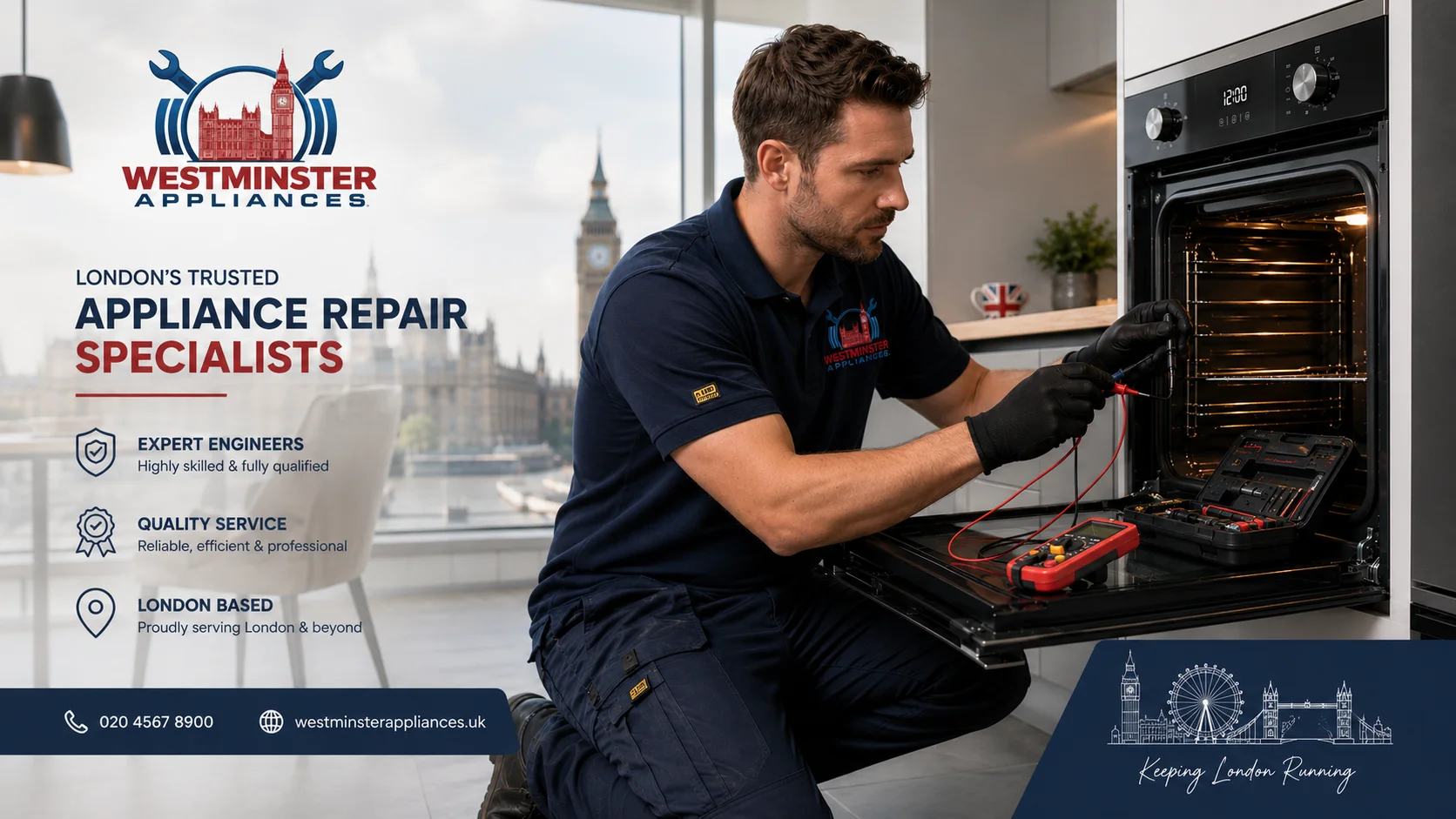 Professional appliance repair engineer repairing a modern built-in oven in a London kitchen
